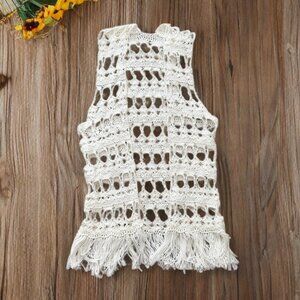 NEW Hand Knit Tasseled Open Front Long Boho Vest in White  SZ M